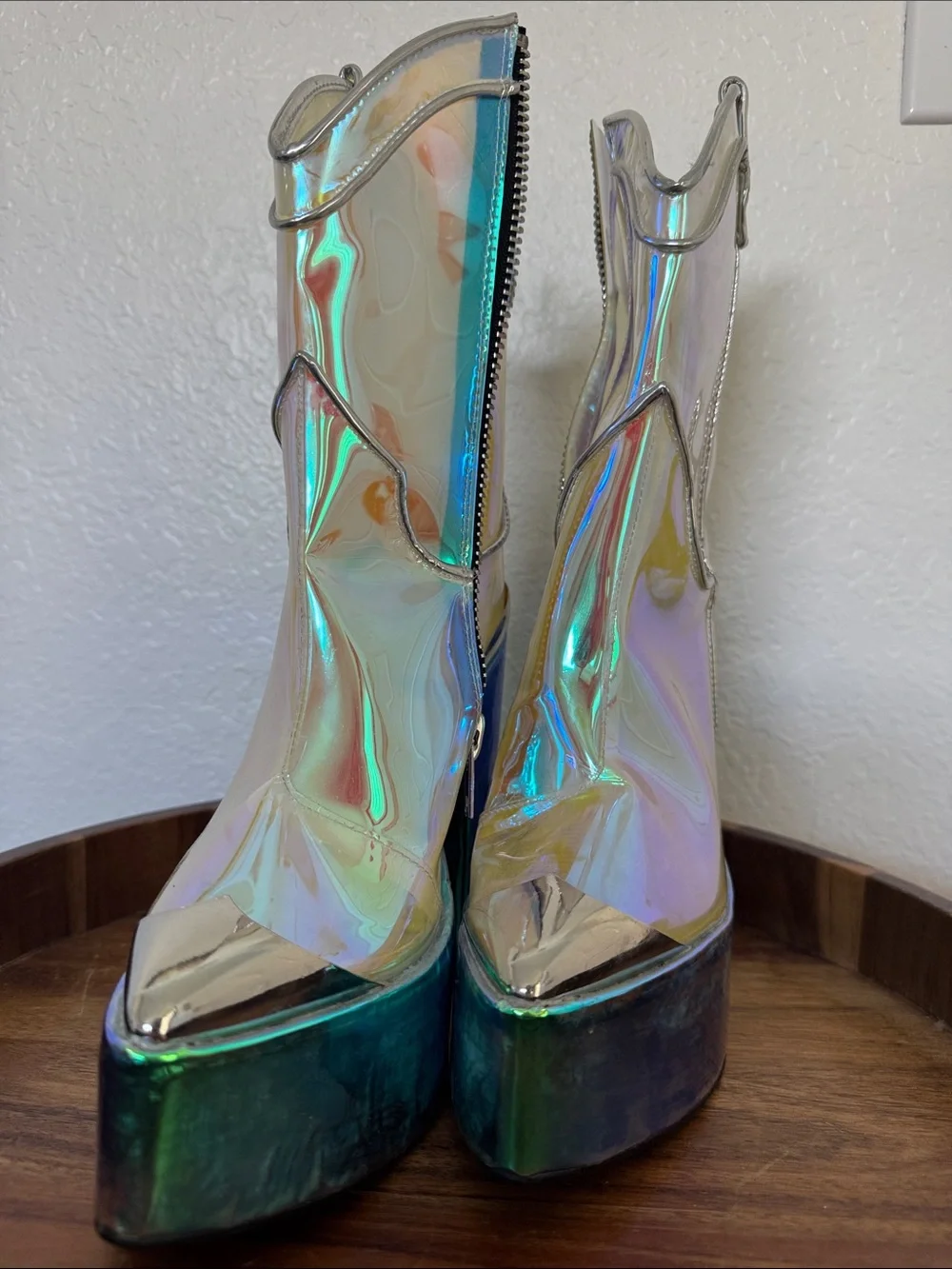 CLUB EXX Iridescent Platform Ankle Boots — Holographic Multi-Color